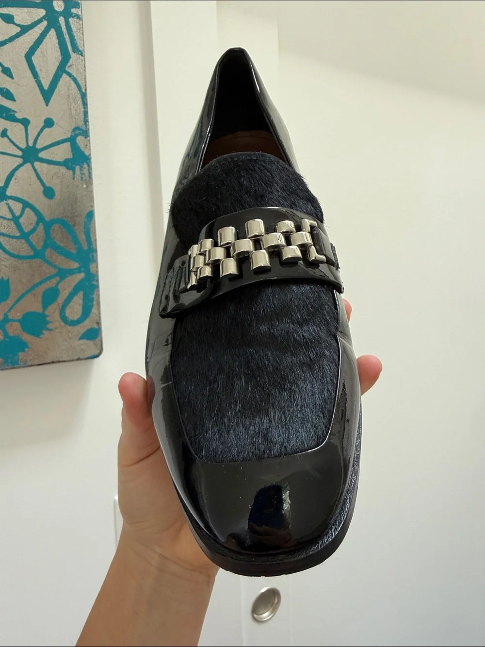 Donald J. Pliner Black Patent & Haircalf Loafers with Silver Chain